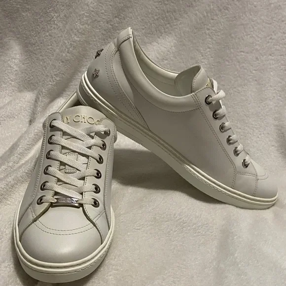 Jimmy Choo Off-White Leather Low-Top Sneakers with Silver Accents - Picture 1 of 11